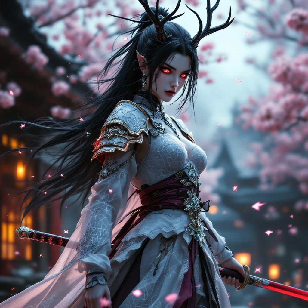 Ethereal Goth Samurai Maiden in Stunning White Dragon Armor