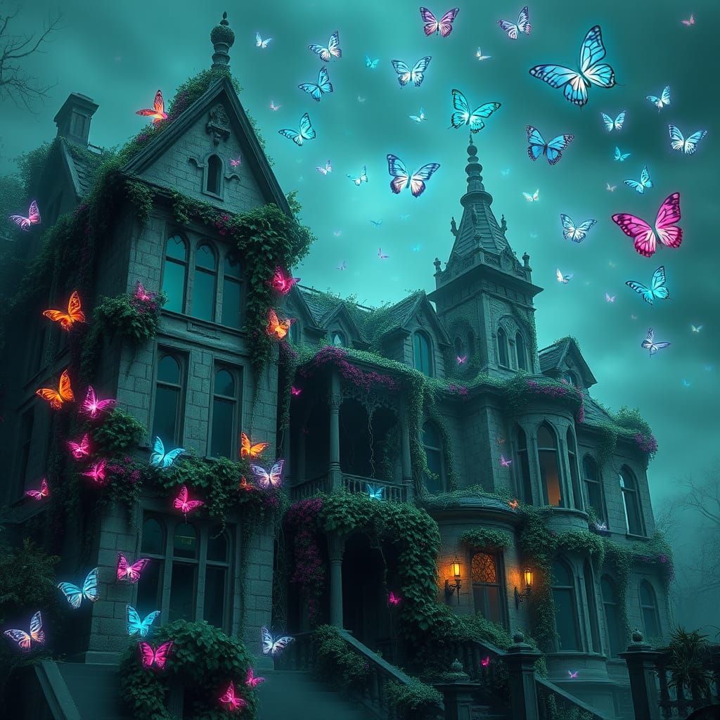 Mystical Victorian Mansion Illuminated by Neon Butterflies