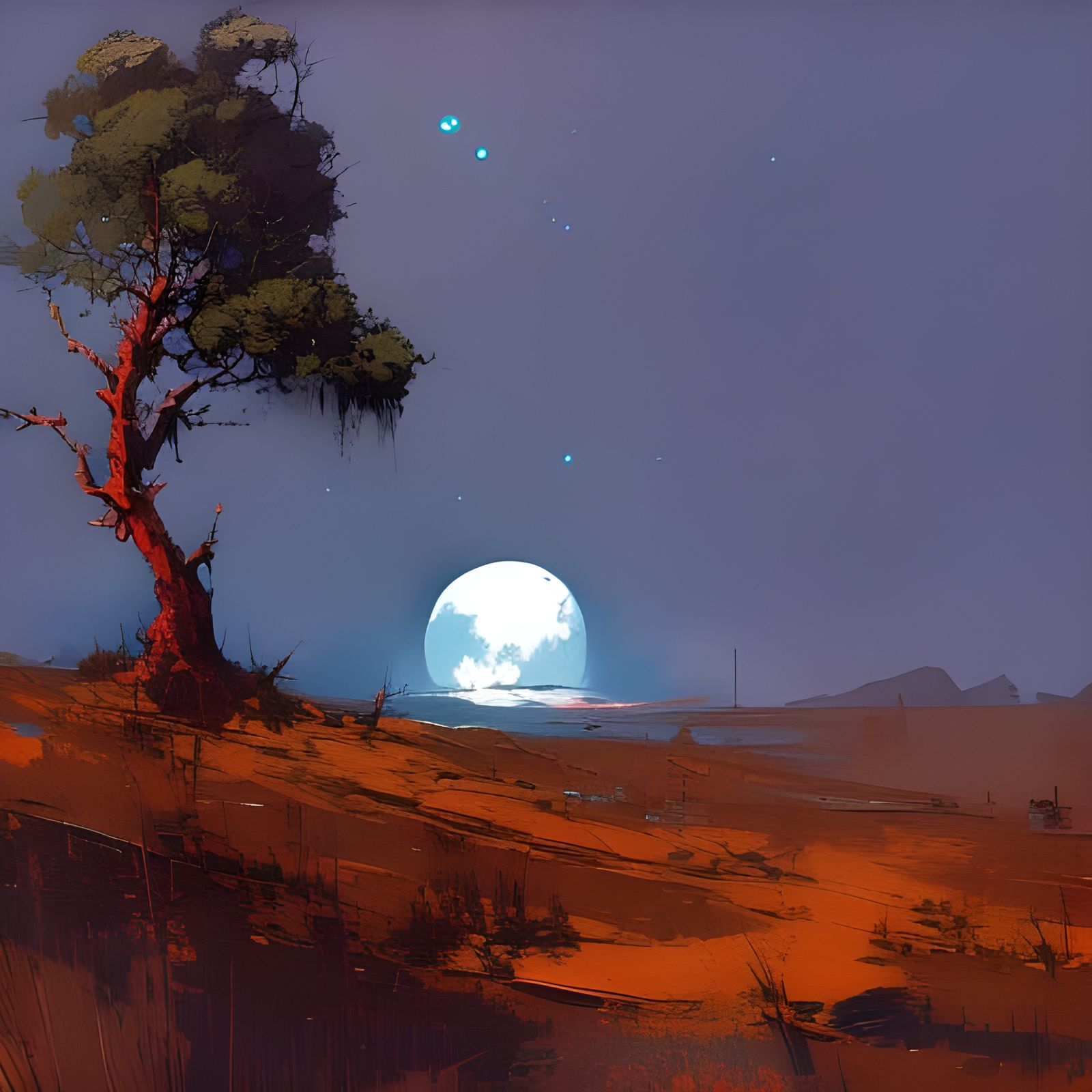 Surreal Tree Amidst Split Moon and Sun