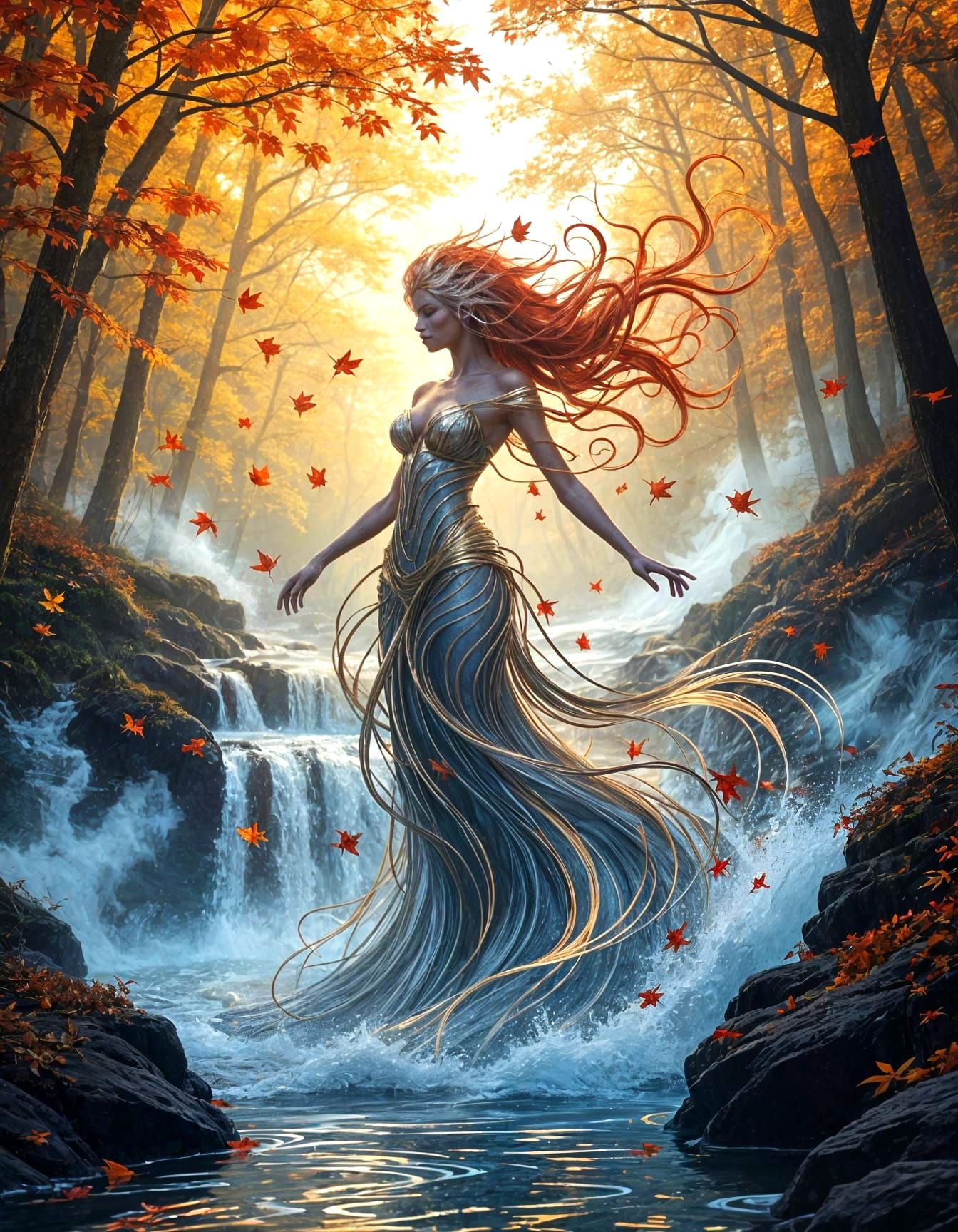 Surreal Water-Wind Sprite Merging with Autumn Waterfall