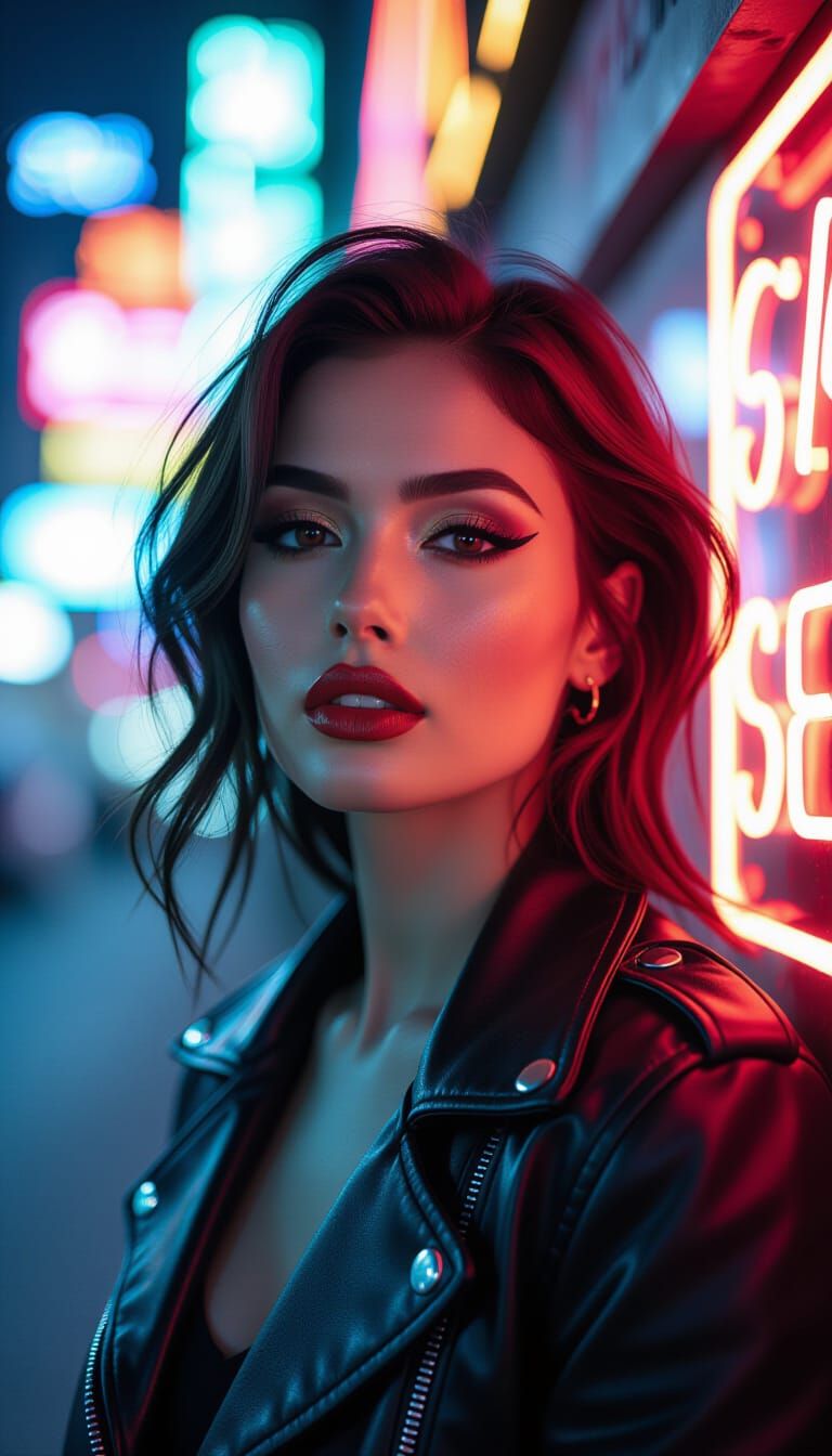 Neon Portrait: Woman in Leather Jacket with Cinematic Blur
