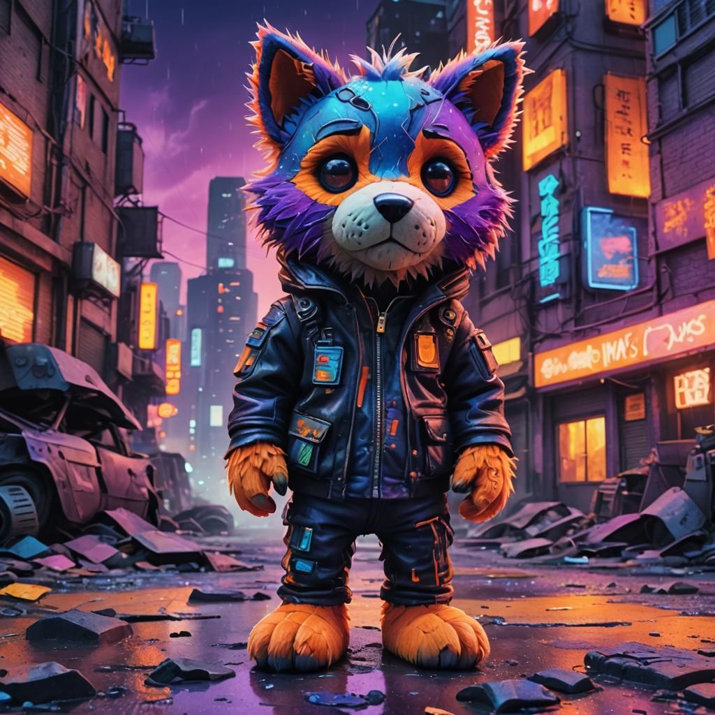 Dystopian Plushie in Neon Cityscape: Digital Matte Painting