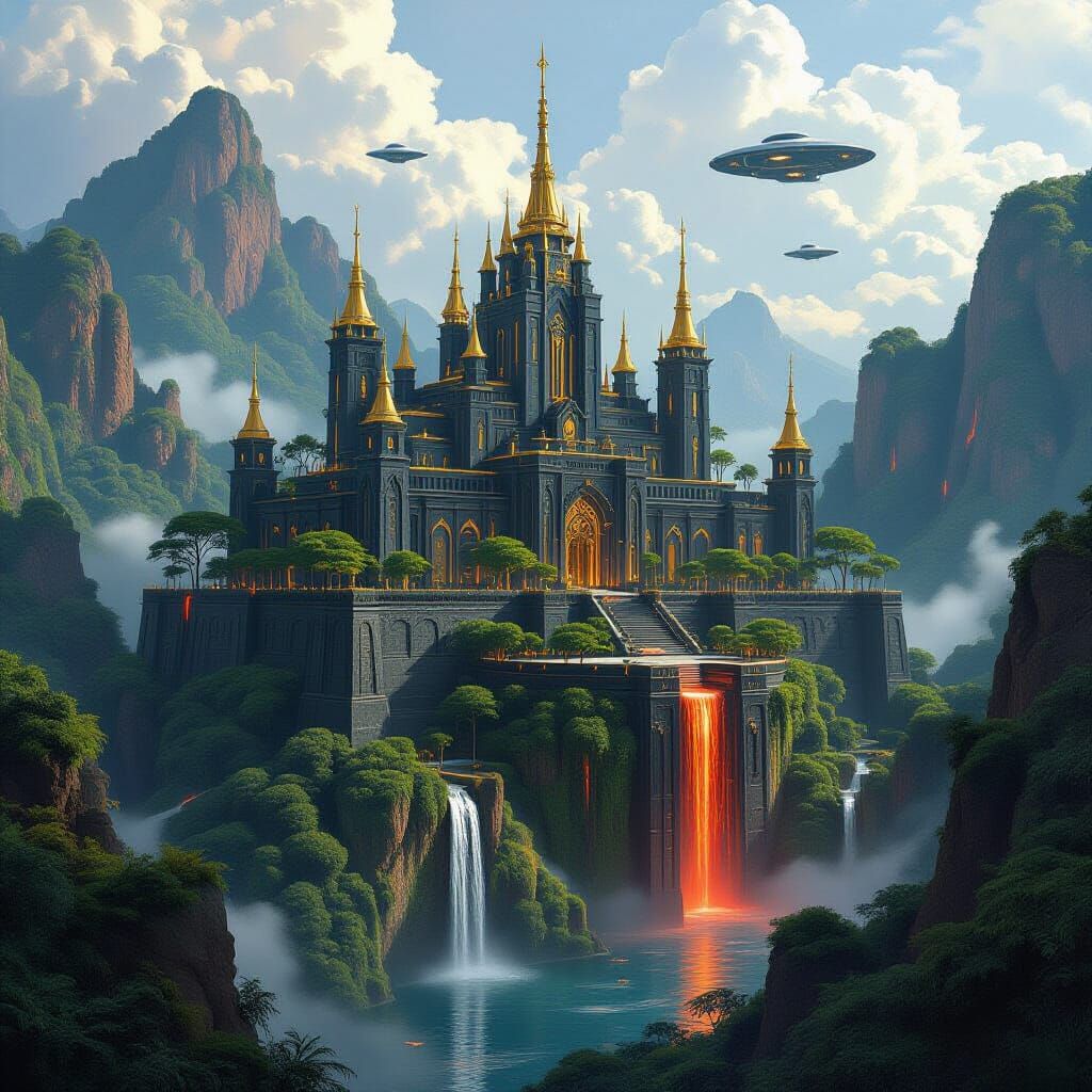 Futuristic Estate with Golden Spires on Jungle Plateau