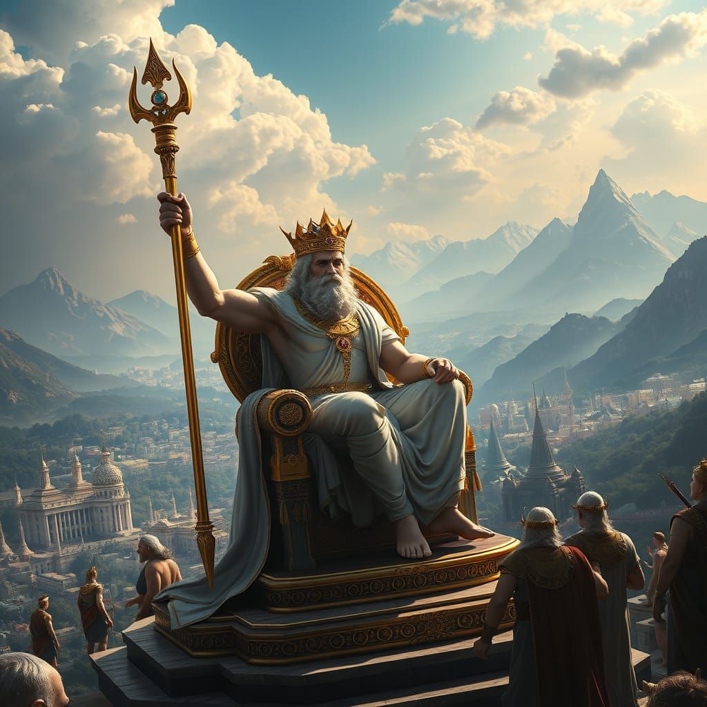 Majestic Zeus Surveys His Realm, Gods Gather Around