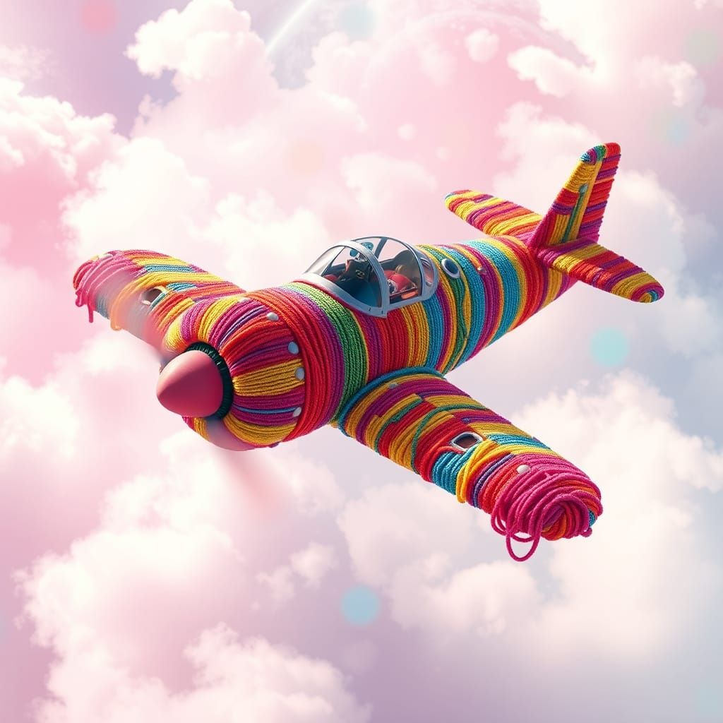 An avioliner artfully made entirely out of colorful knitting threads. Candy art style! Whimsical playful colorful! candy...