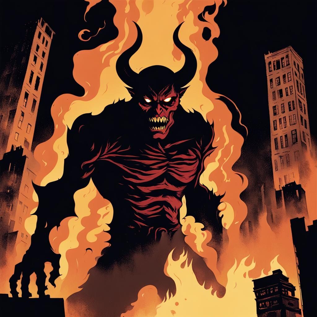 Fiery Demon in Destroyed City, Mignola Style
