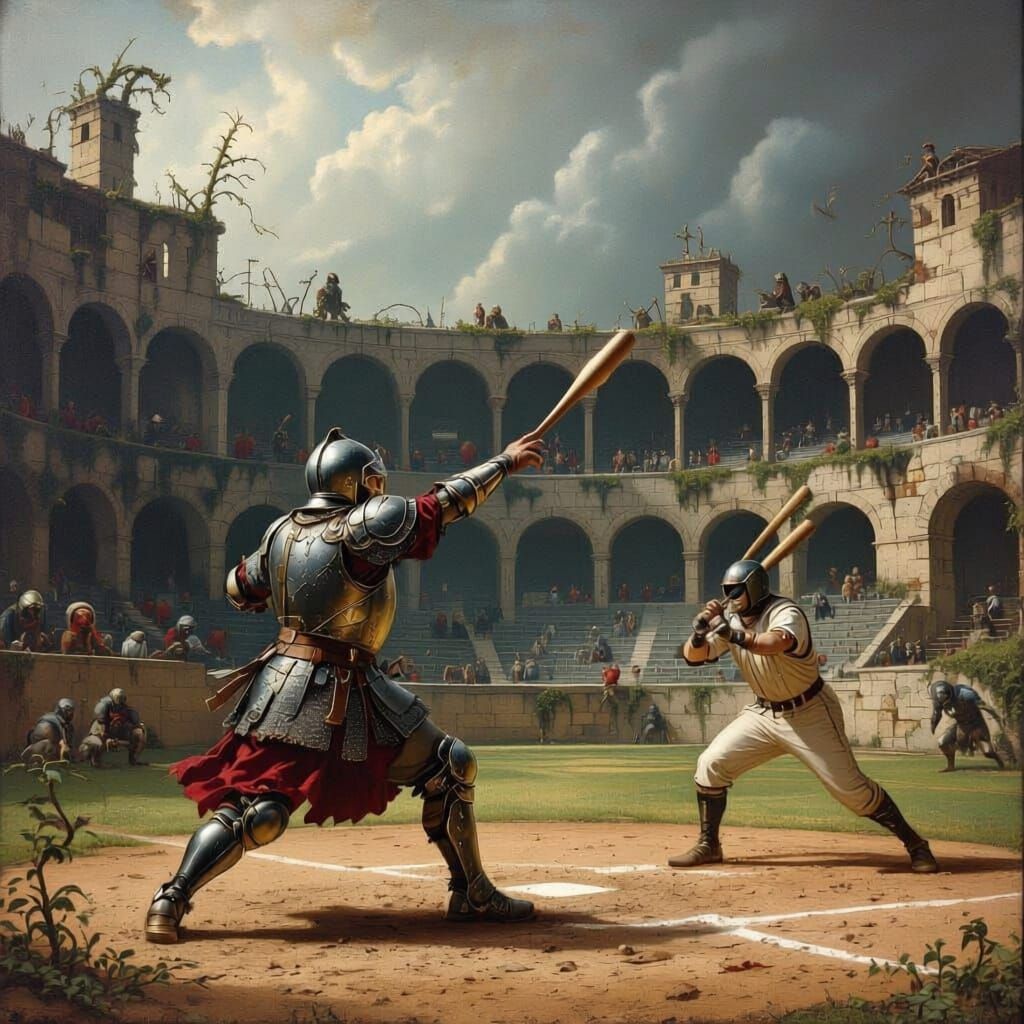 Medieval Baseball Player Pitches in Ancient Stadium