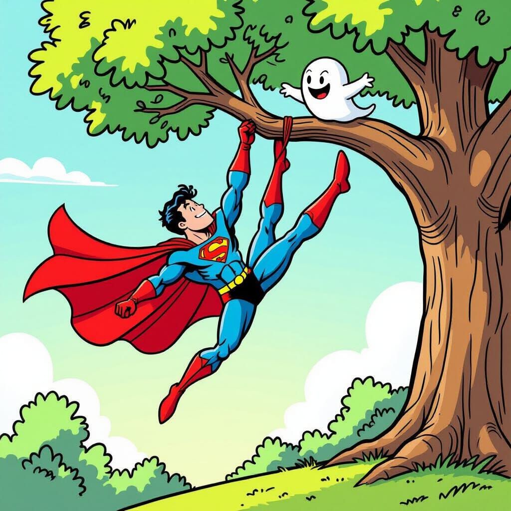 Superhero's Cape Snagged on Cartoon Tree Branch
