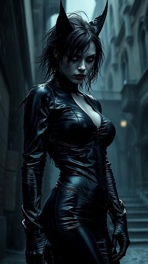 Catwoman in Rain, Gothic Photorealism
