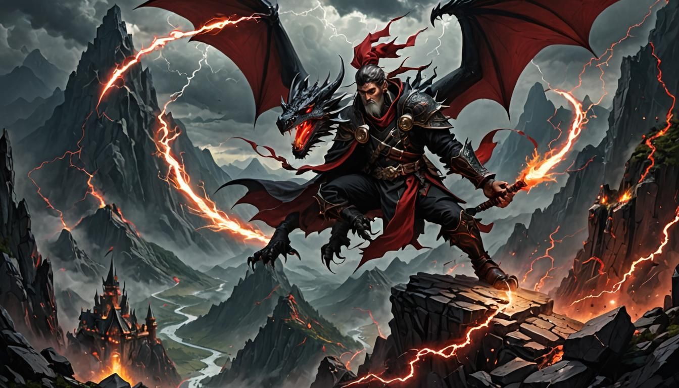 Wizard Battles Dragon with Lightning Magic