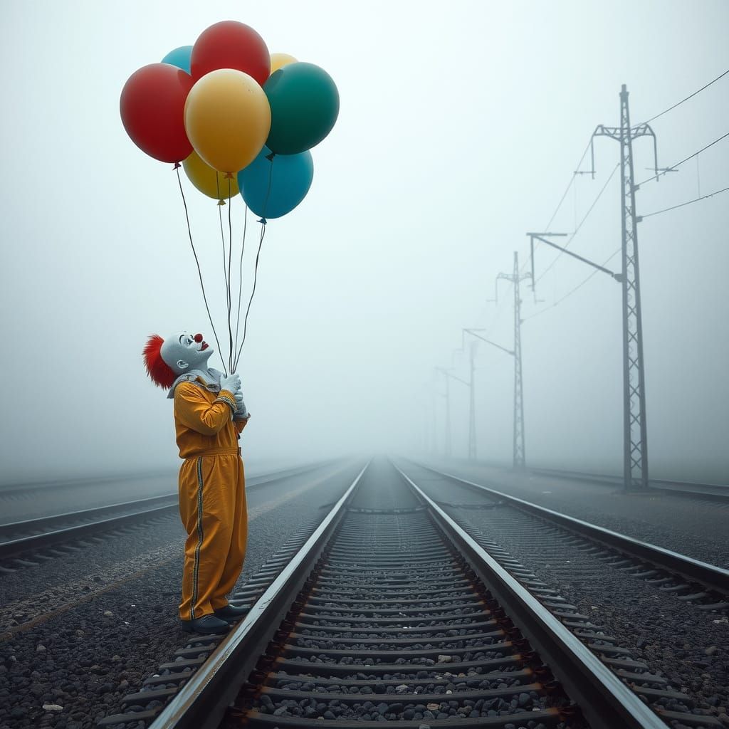 Unhappy Clown With Balloons on Train Tracks