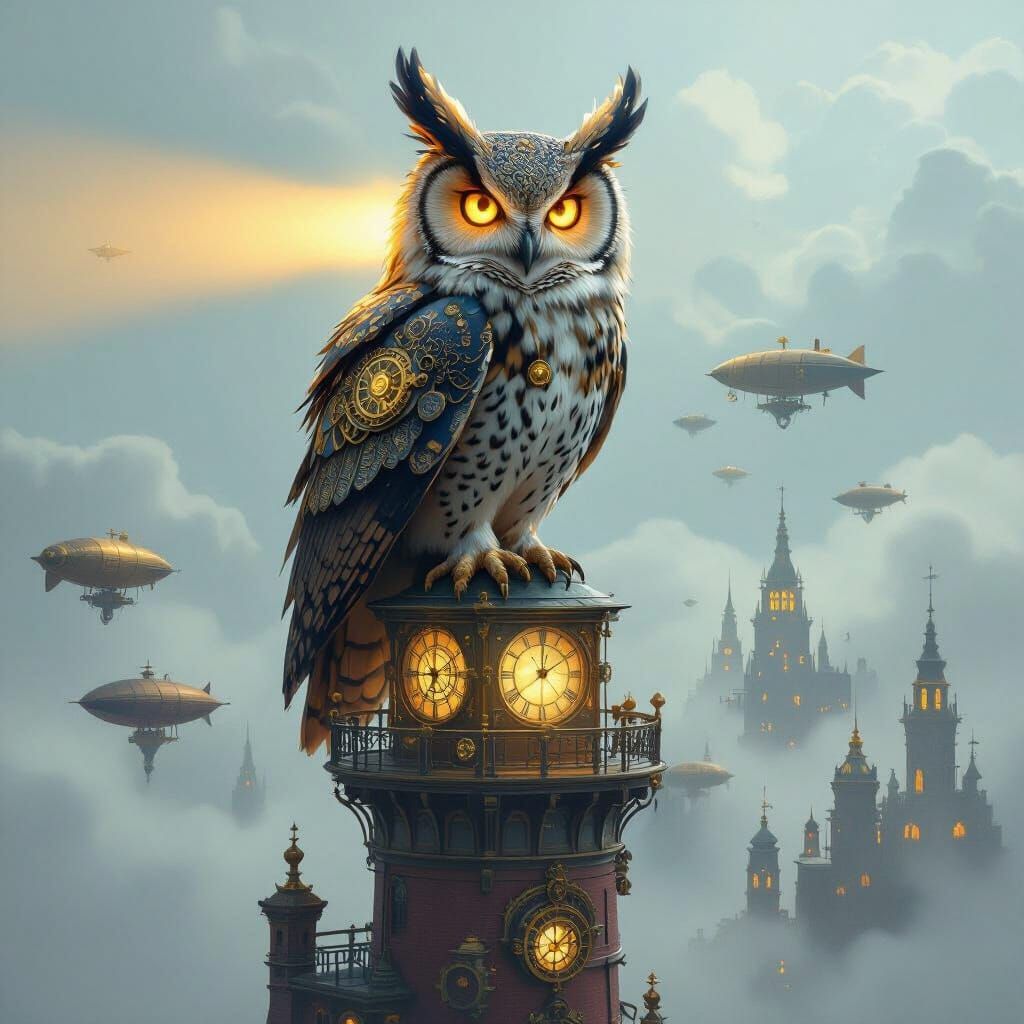 Clockwork Owl on Steampunk Lighthouse