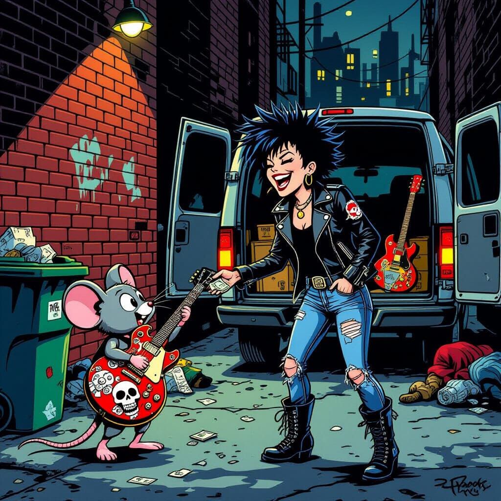 Punk Rock Woman Trades Cash for Guitar with Cartoon Mouse