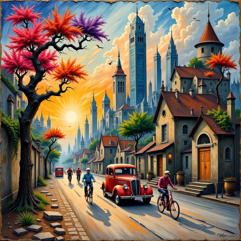 <lora:Land and water:1.0>  
 Vibrant, dynamic street scene on worn, heavily textured canvas