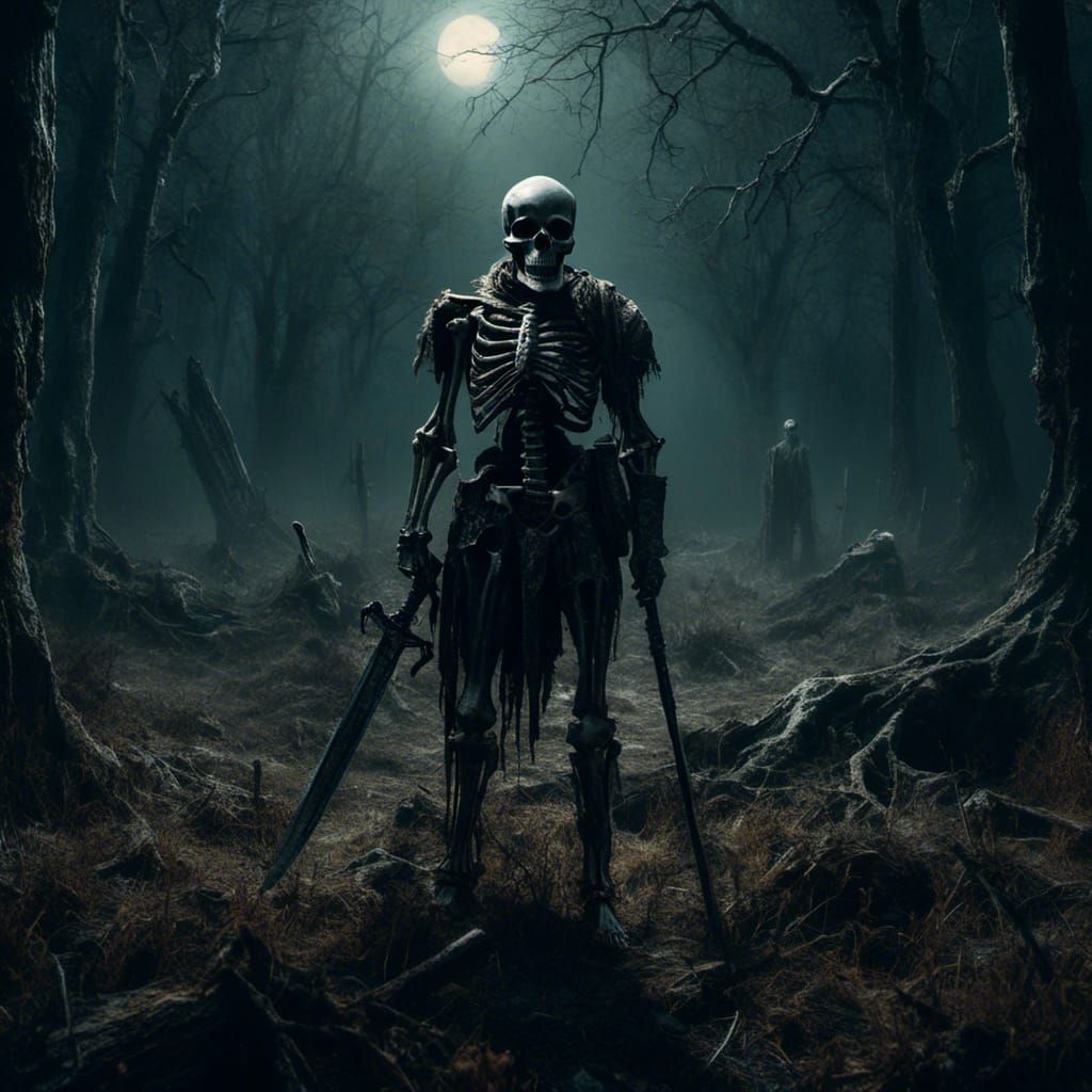 Dark Fantasy Skeleton Soldier in Moonlit Forest