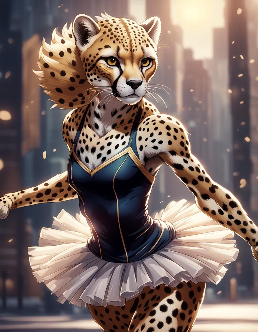 Cheetah Ballerina Stretching: Cel-Shaded Anime Art