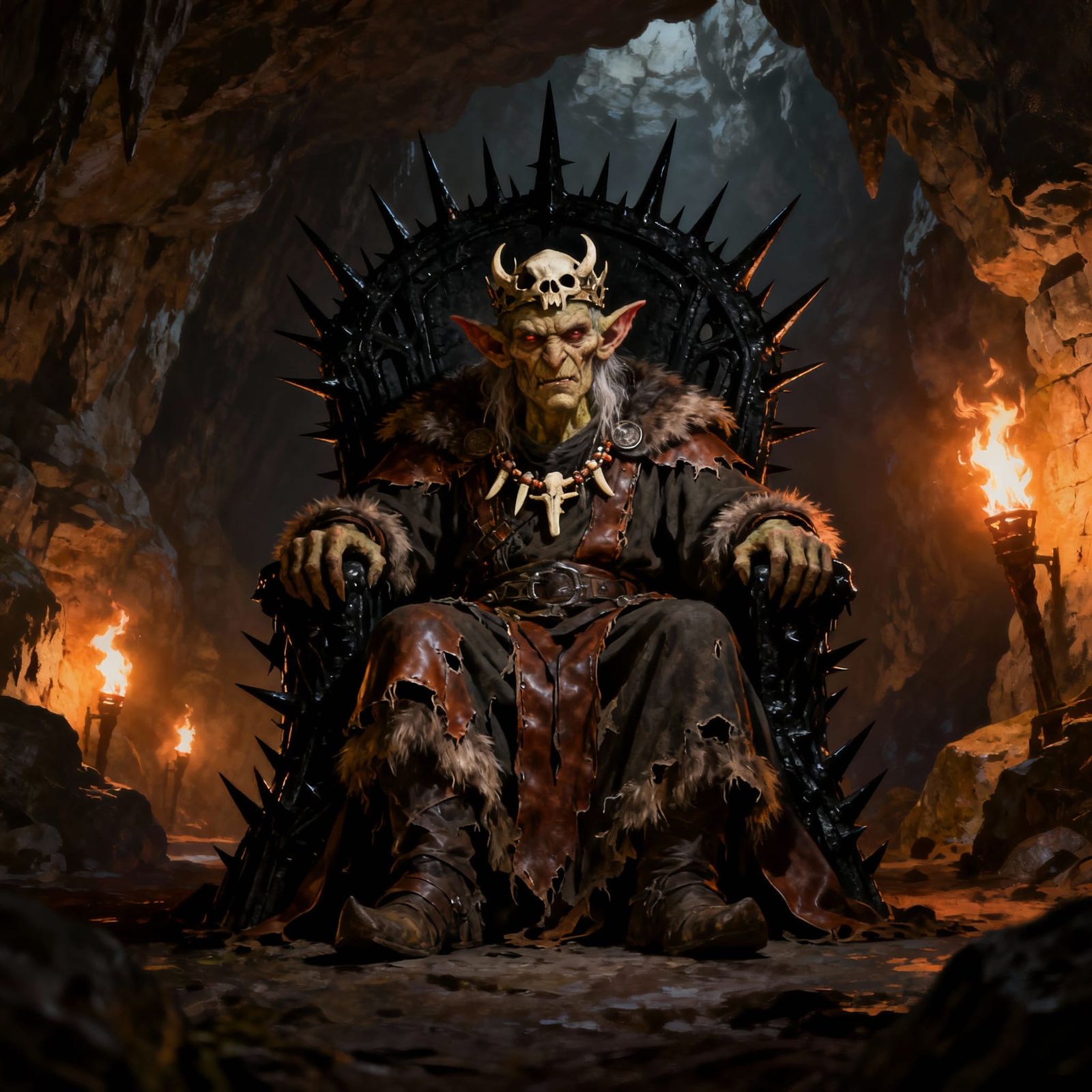 Hideous Goblin King on Spiky Throne in Fiery Cave