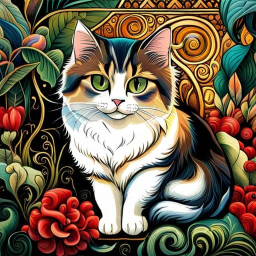 Fluffy Chibi Cat on Wine Veranda, Detailed Art