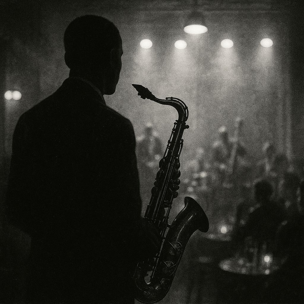 Silhouetted Saxophonist in Smoky Jazz Club