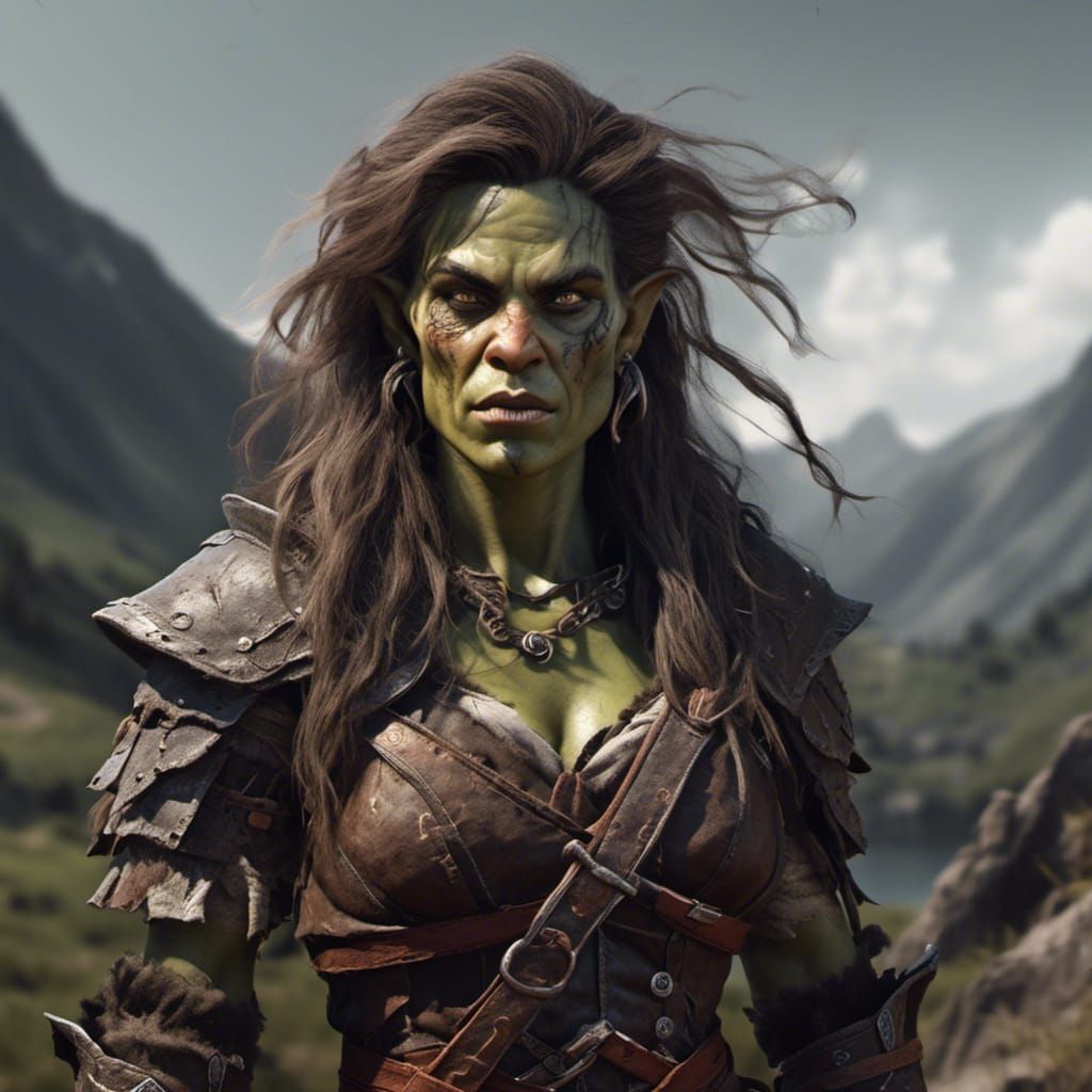 Ethereal Female Half-Orc Warrior in Hyperrealistic Scene