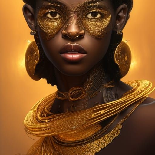 Black Goddess Oxum in Gold, Art Nouveau Portrait