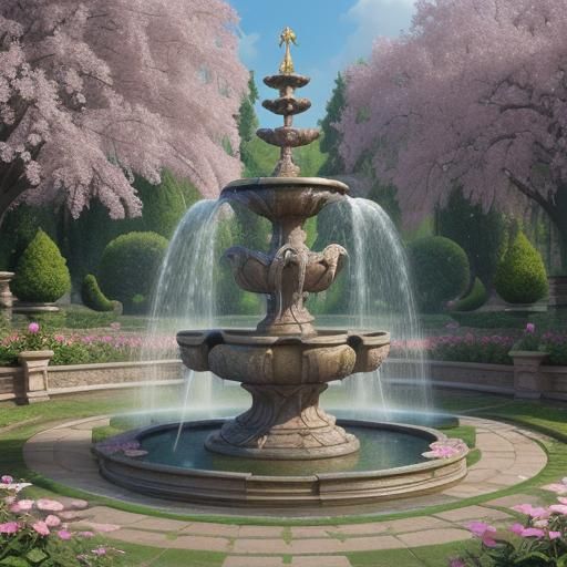 Baroque Fountain in a Flowering Garden