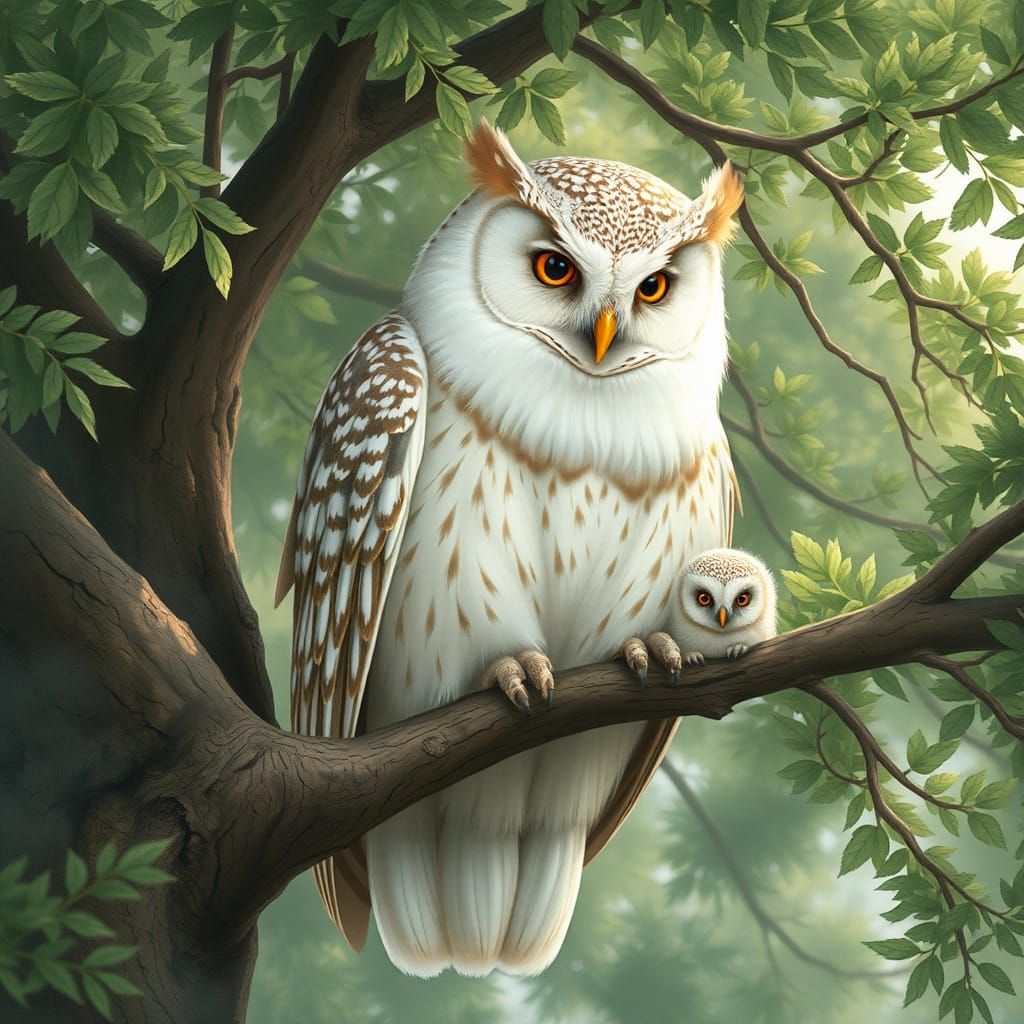 Mama Owl and Owlets in Tree Home