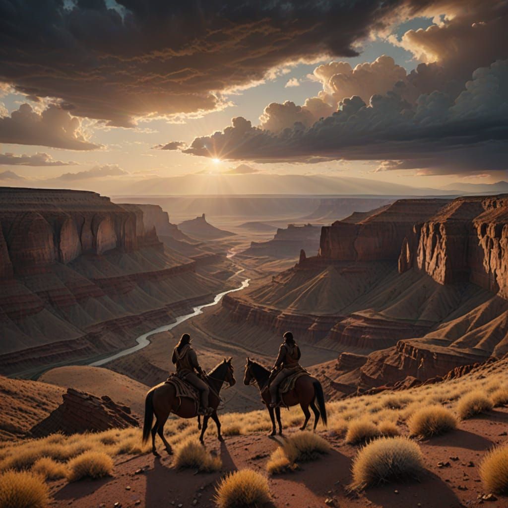 Native American Riders in Canyon Sunset