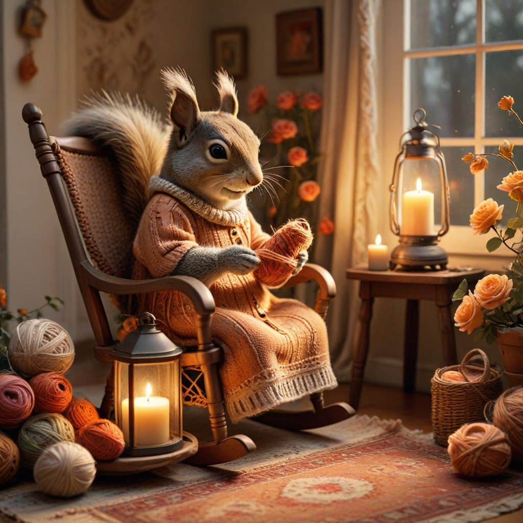 Squirrel Grandmother Knitting: Whimsical Watercolor Illustra...