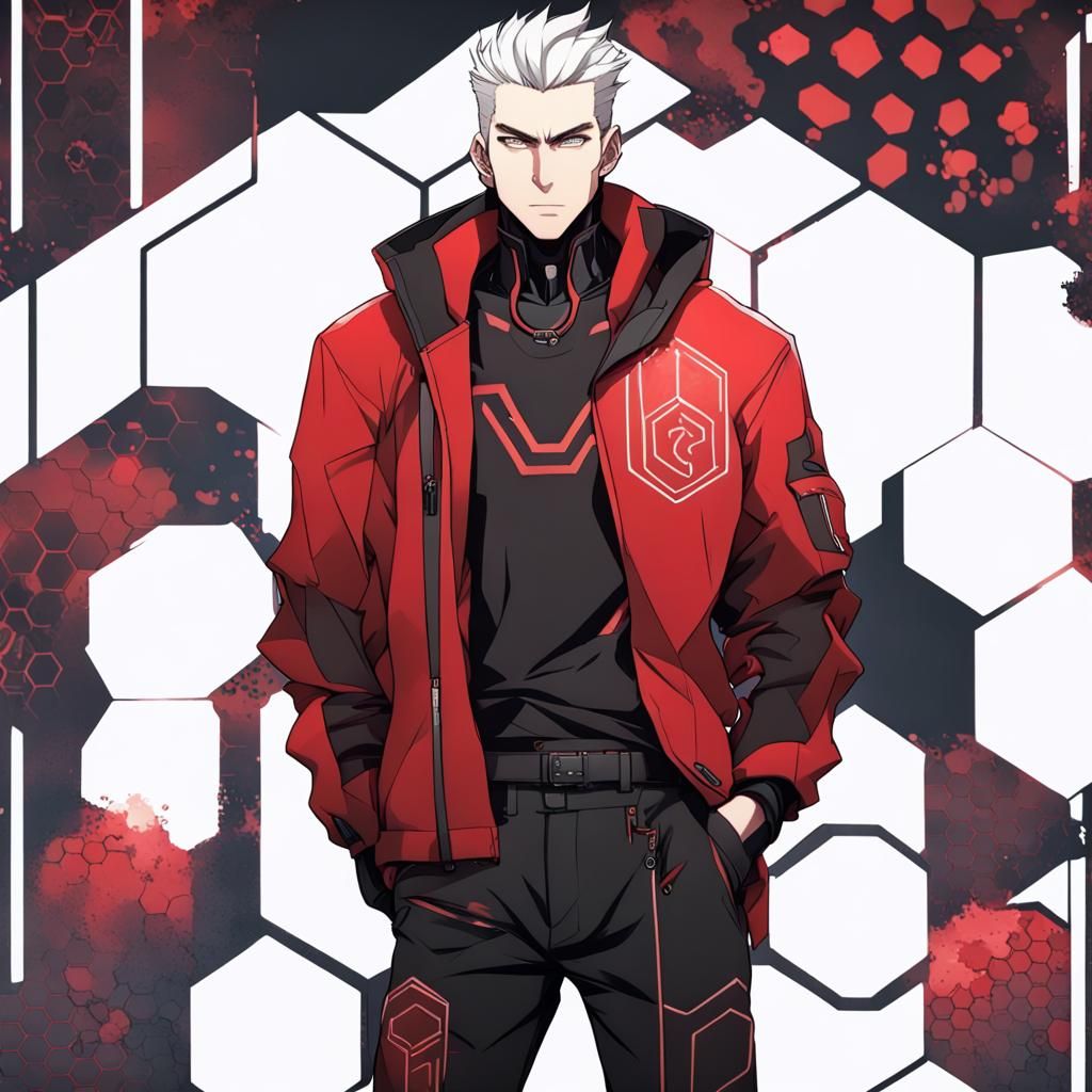 Cyberpunk Man in Red Jacket, Anime Style