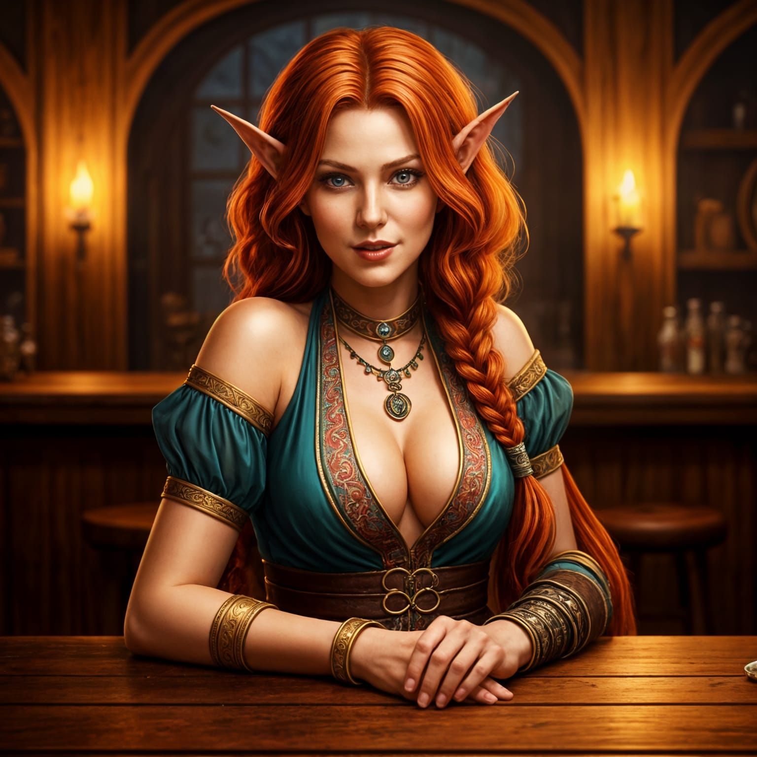Elf Barmaid in Cozy Tavern, Fantasy Art