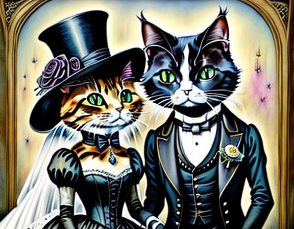 victorian cat bride and groom, <lora:FairyTailsv8:1.0>