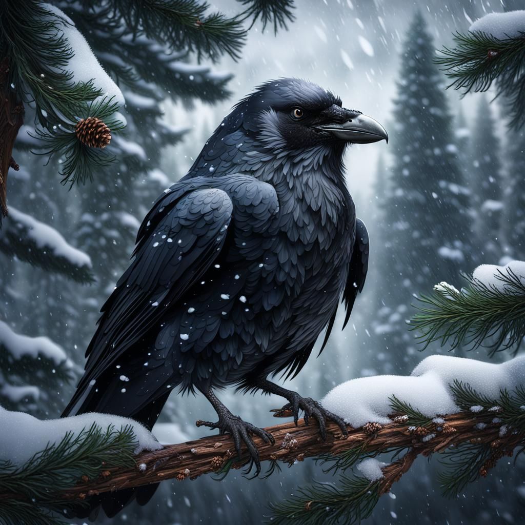 Fluffy Raven in Winter Pine: Detailed Matte Painting