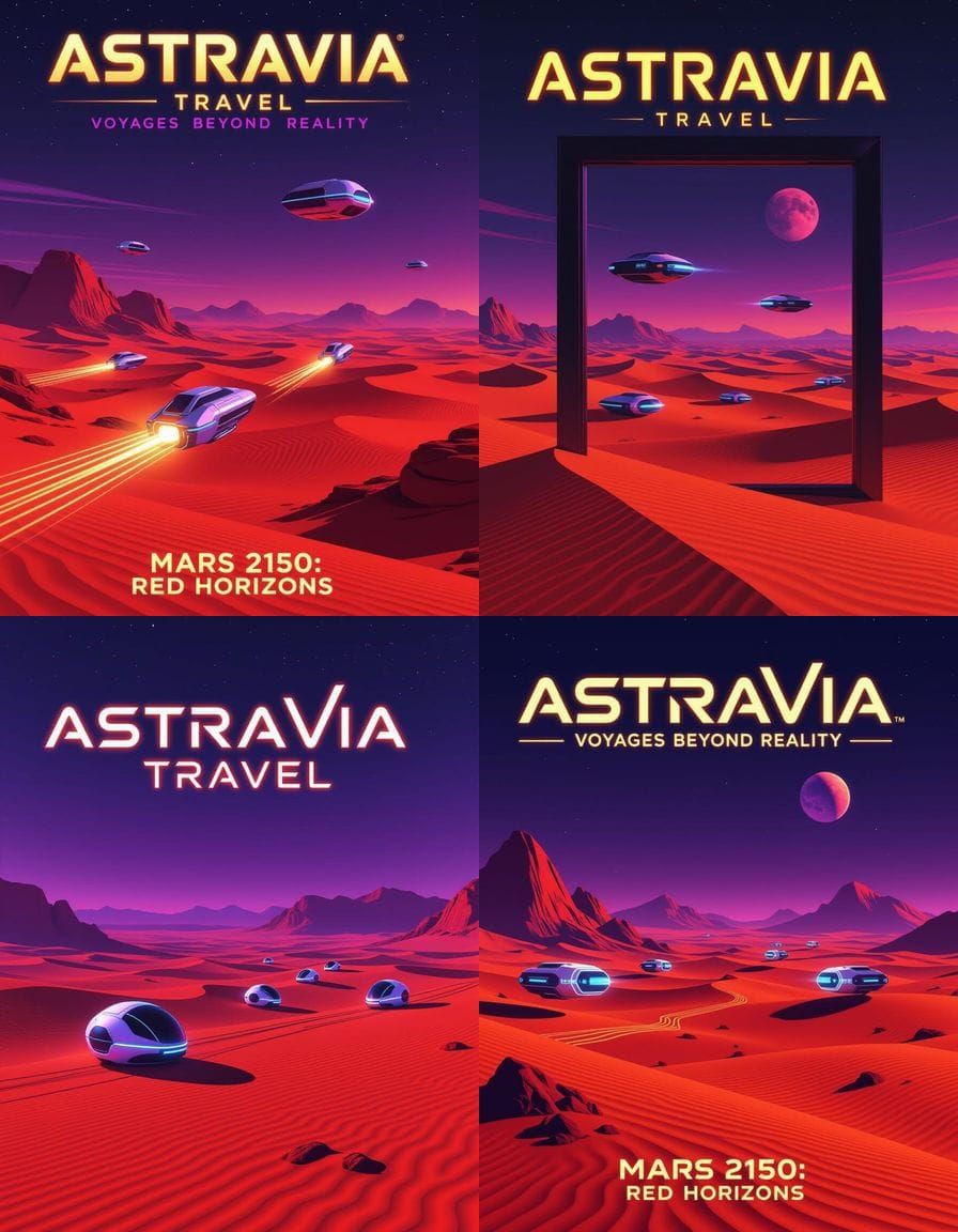 AstraVia Travel: Hyperrealistic Martian Landscape in Neon Mi...