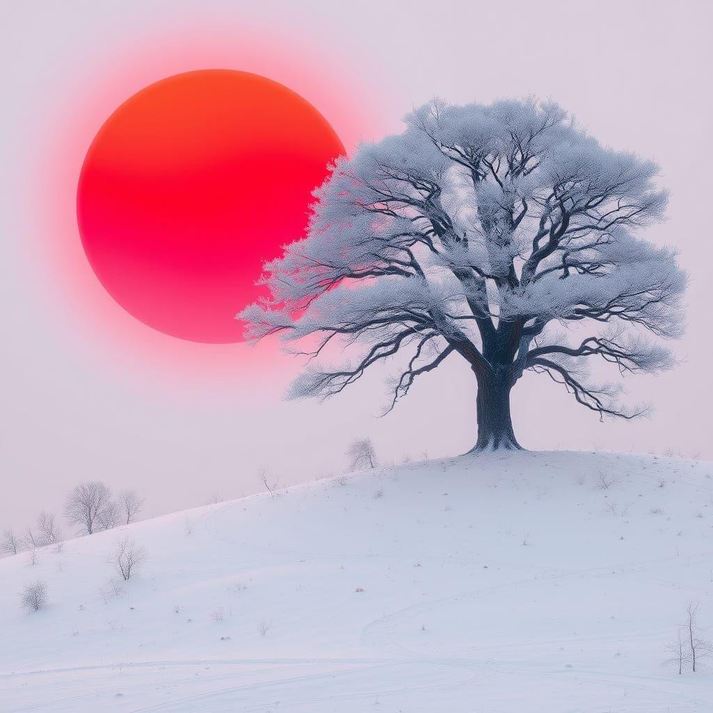 Majestic Solitary Tree in Crimson Sunset Landscape