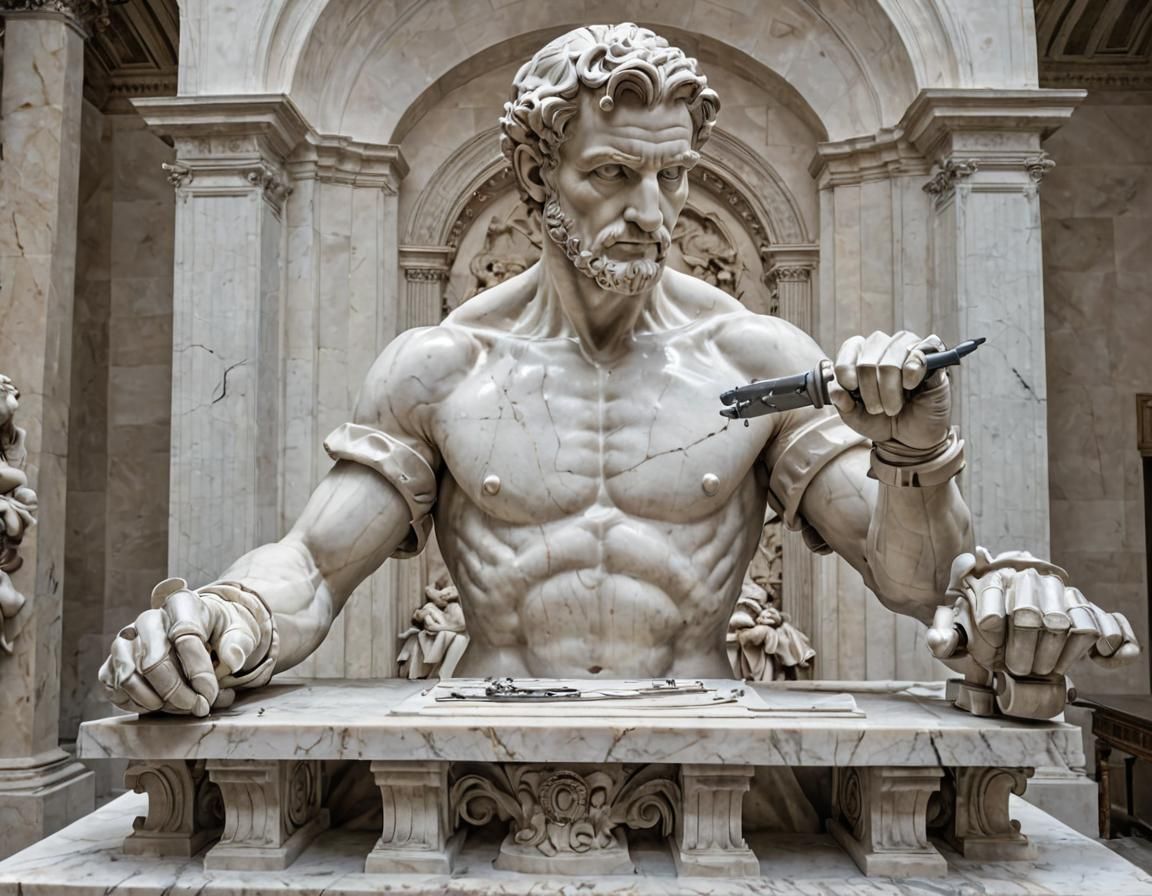 Michelangelo using modern electric tools in his sculpting pr...