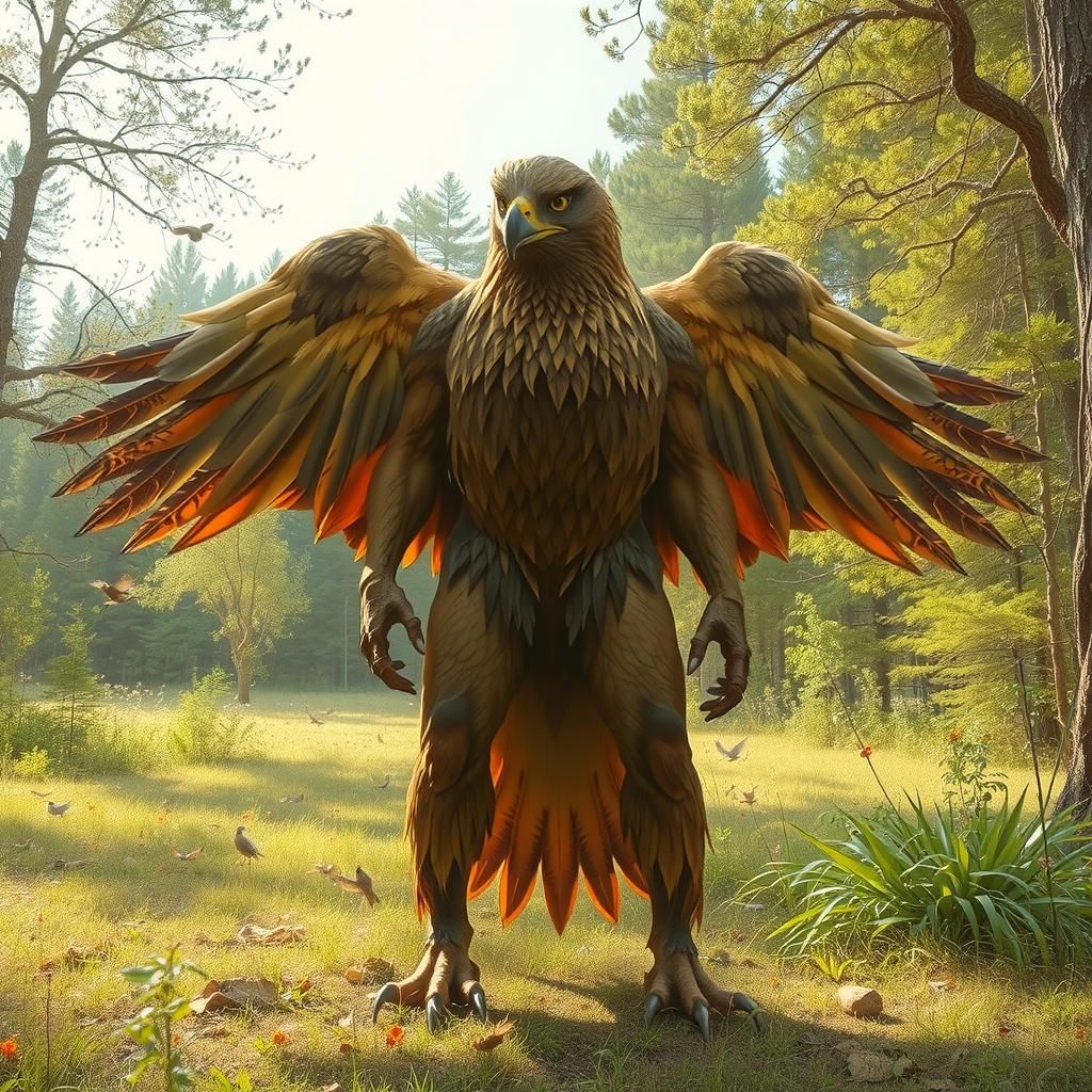 Hawk Humanoid in Forest Clearing, Fantasy Art