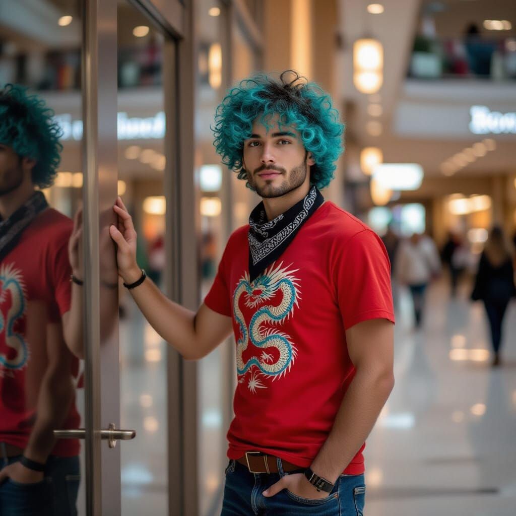 Young Man Knocks on Mall Door, Fashion Photography