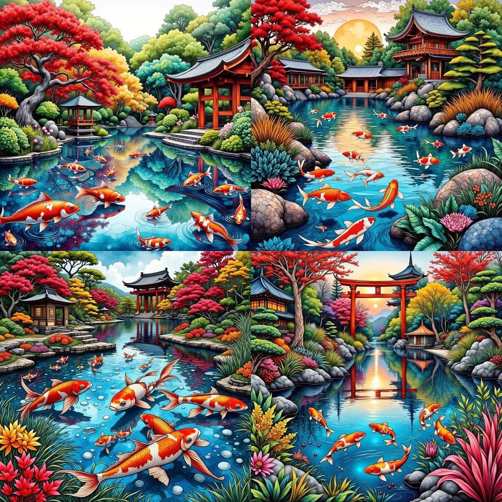 Glossy Zentangle Pond with Koi and Japanese Garden