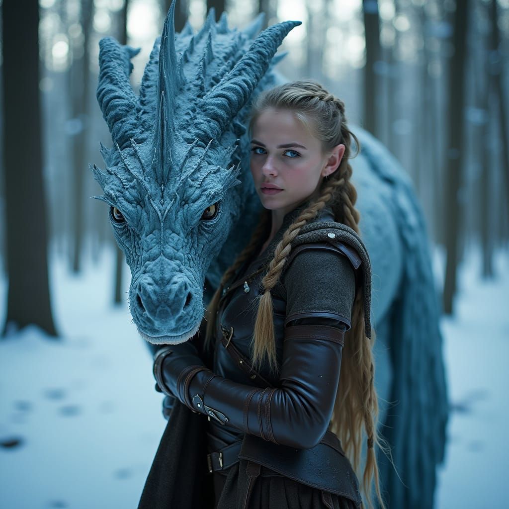 Elven Huntress and Ice Dragon in Winter Forest