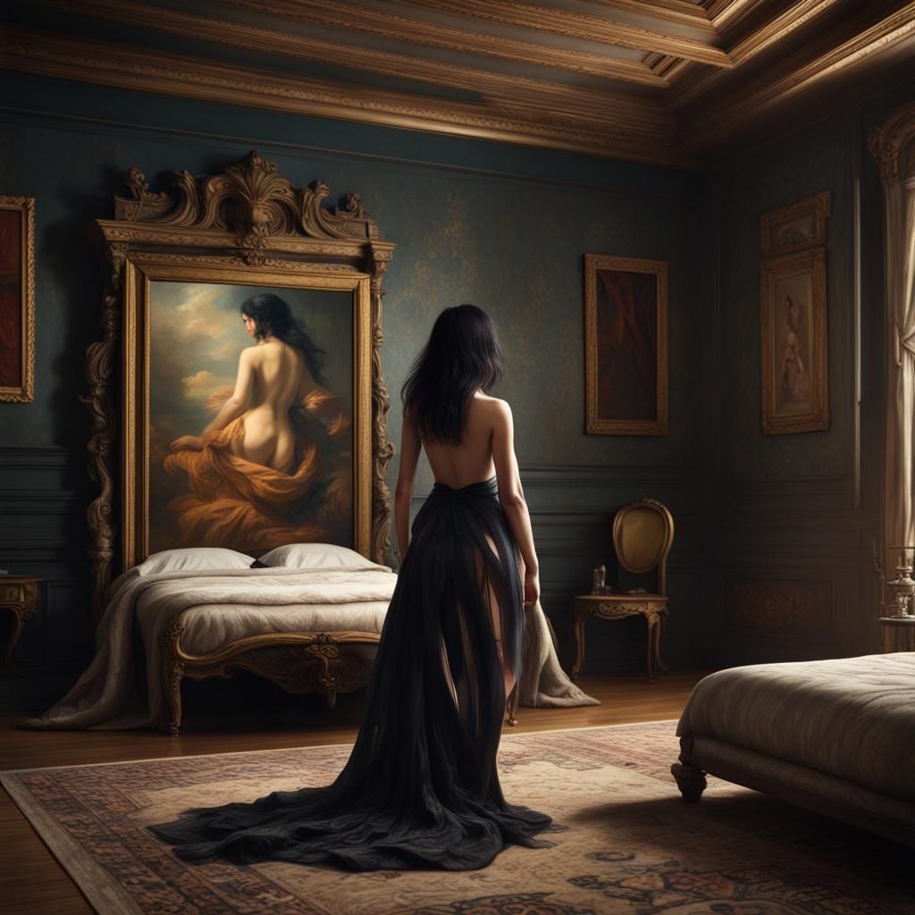 Woman Undressing: Antique Oil Painting in Bedroom