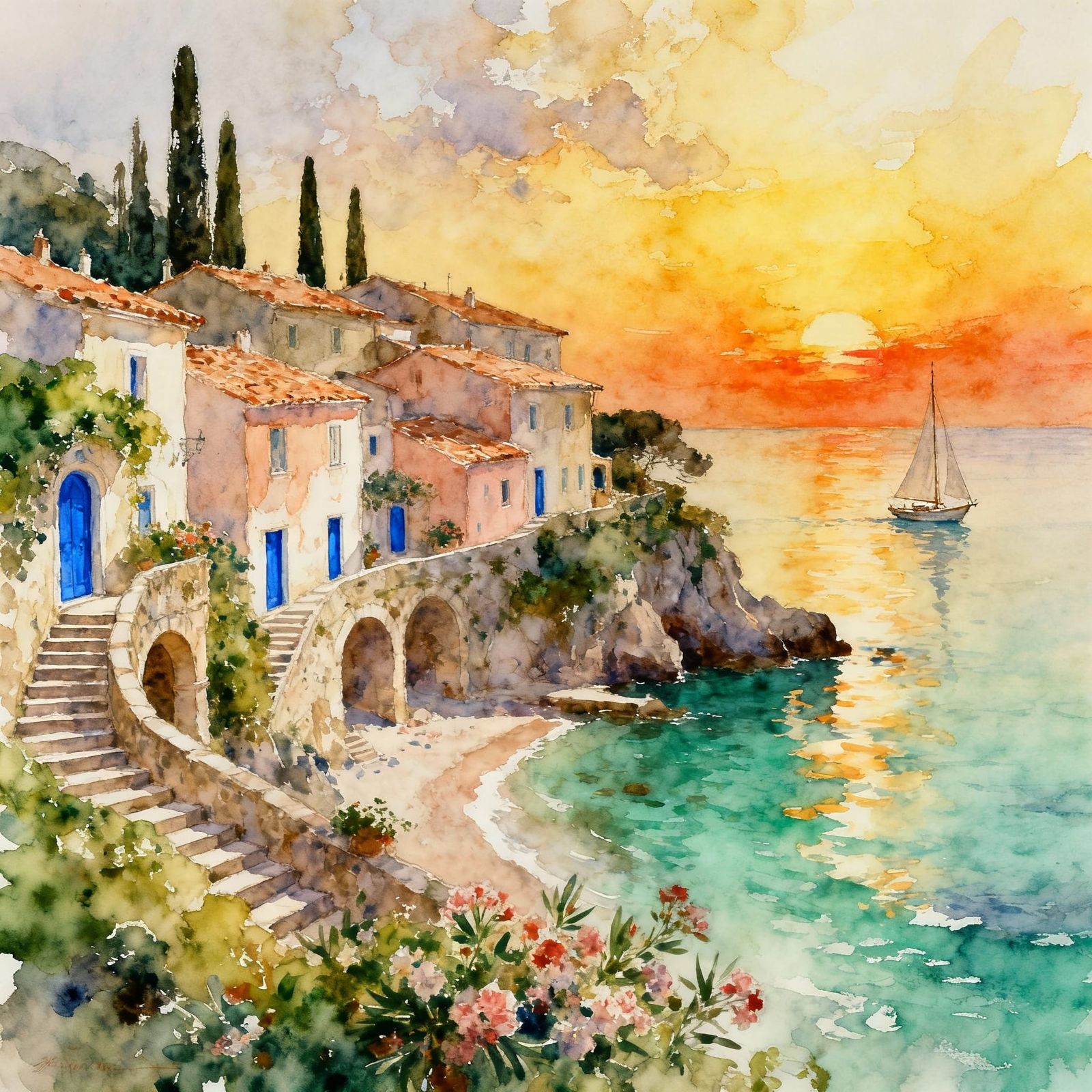 Seaside Village at Golden Sunset Watercolor Painting