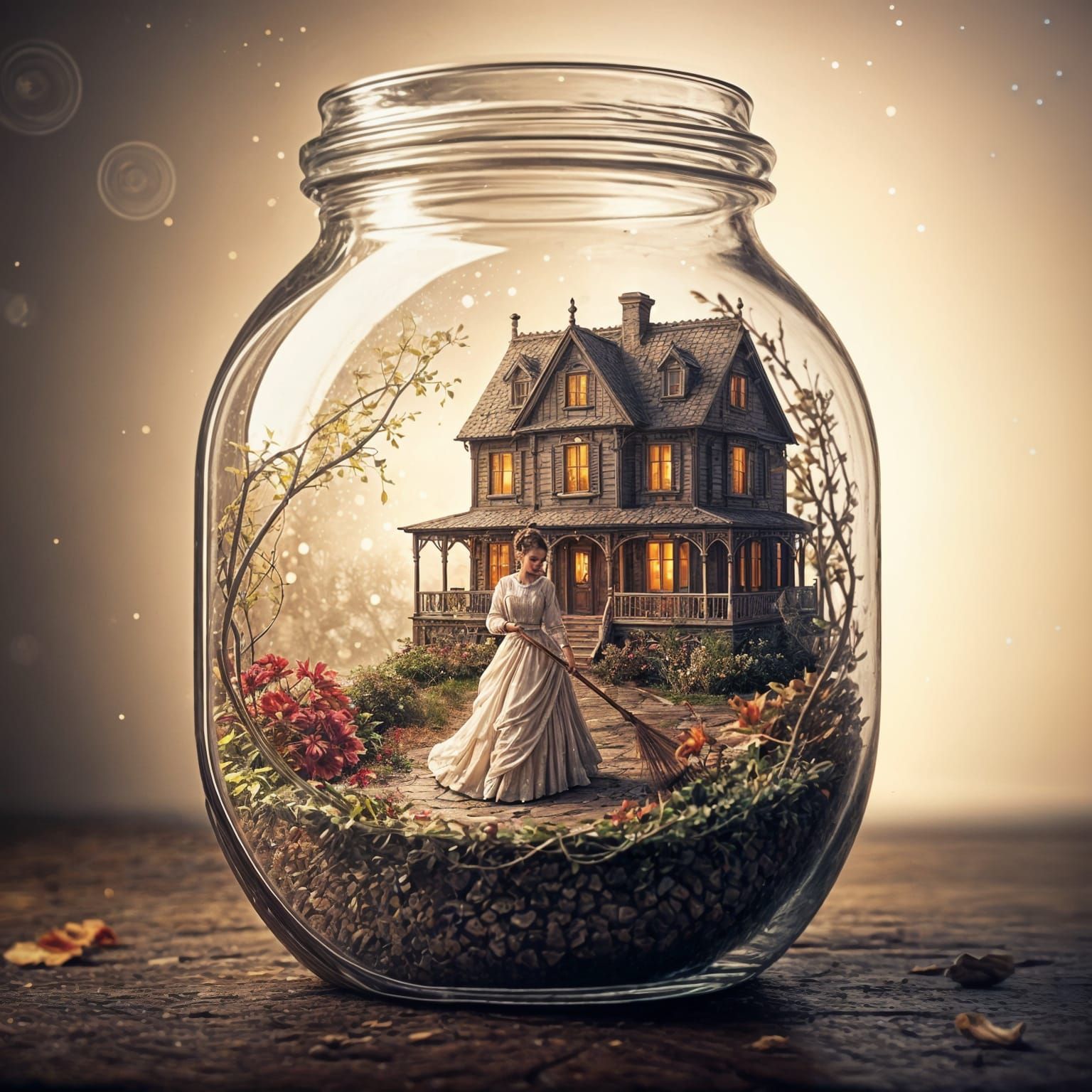 Victorian House in a Bottle with Sweeping Housewife