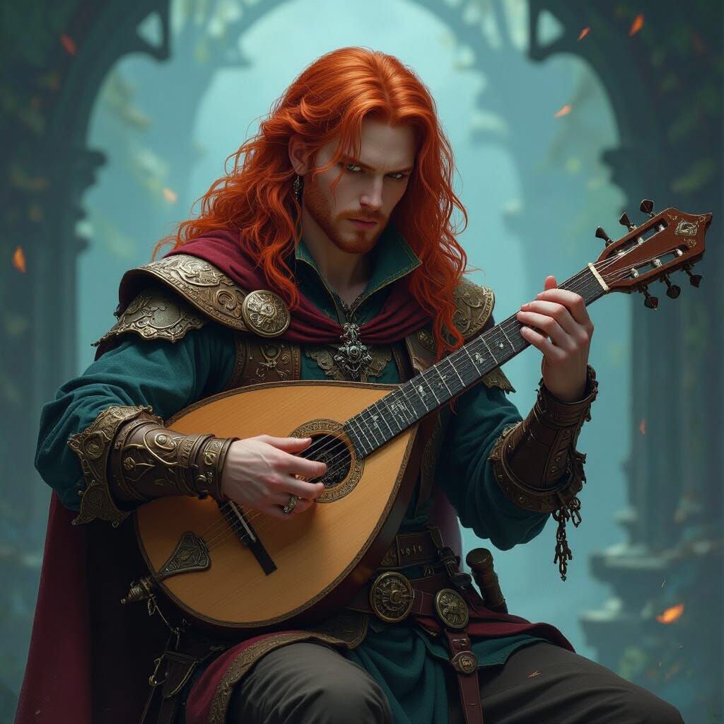 Medieval Redhead Bard With Lute and Throwing Knives