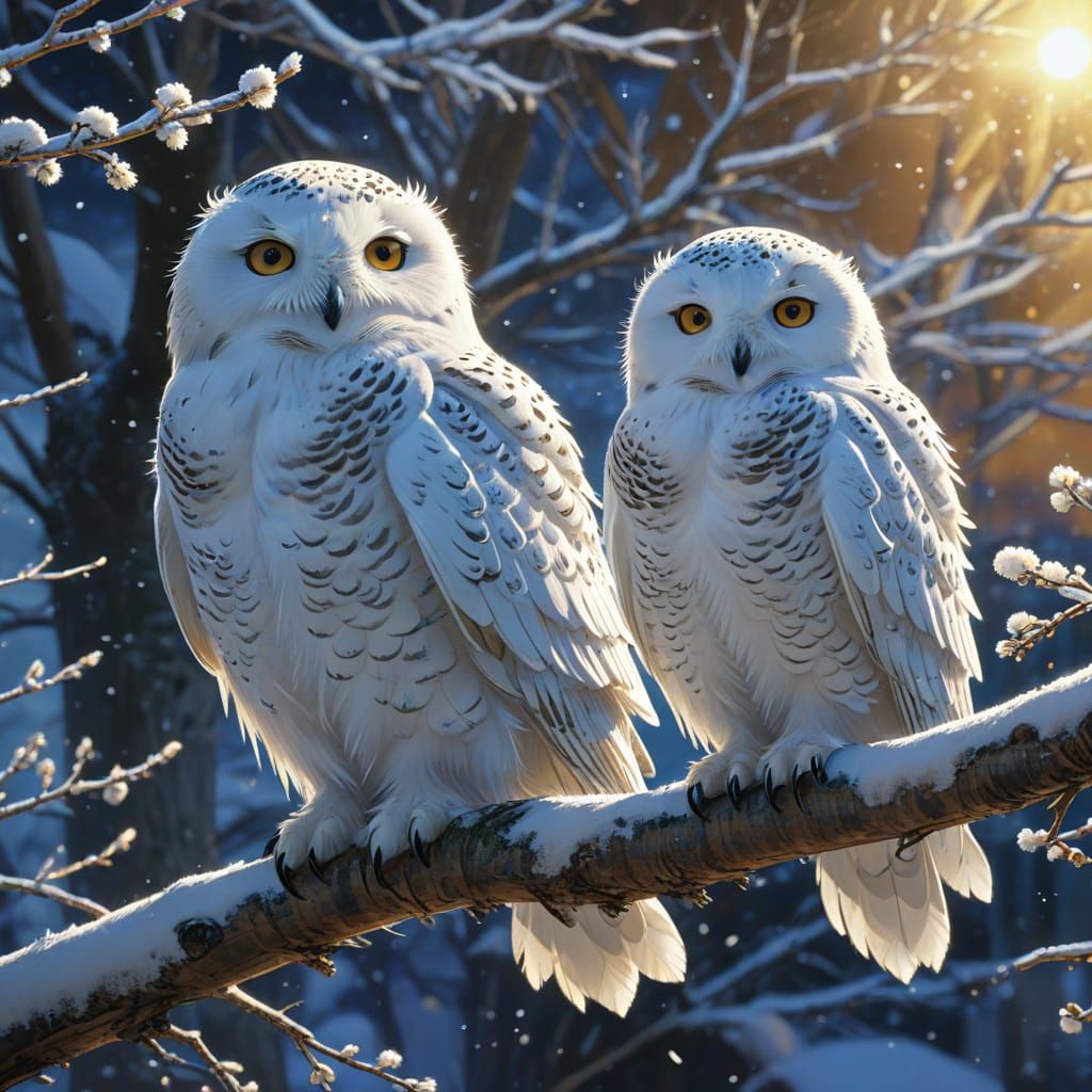 Snowy Owls in Anime Style With Watercolor Texture