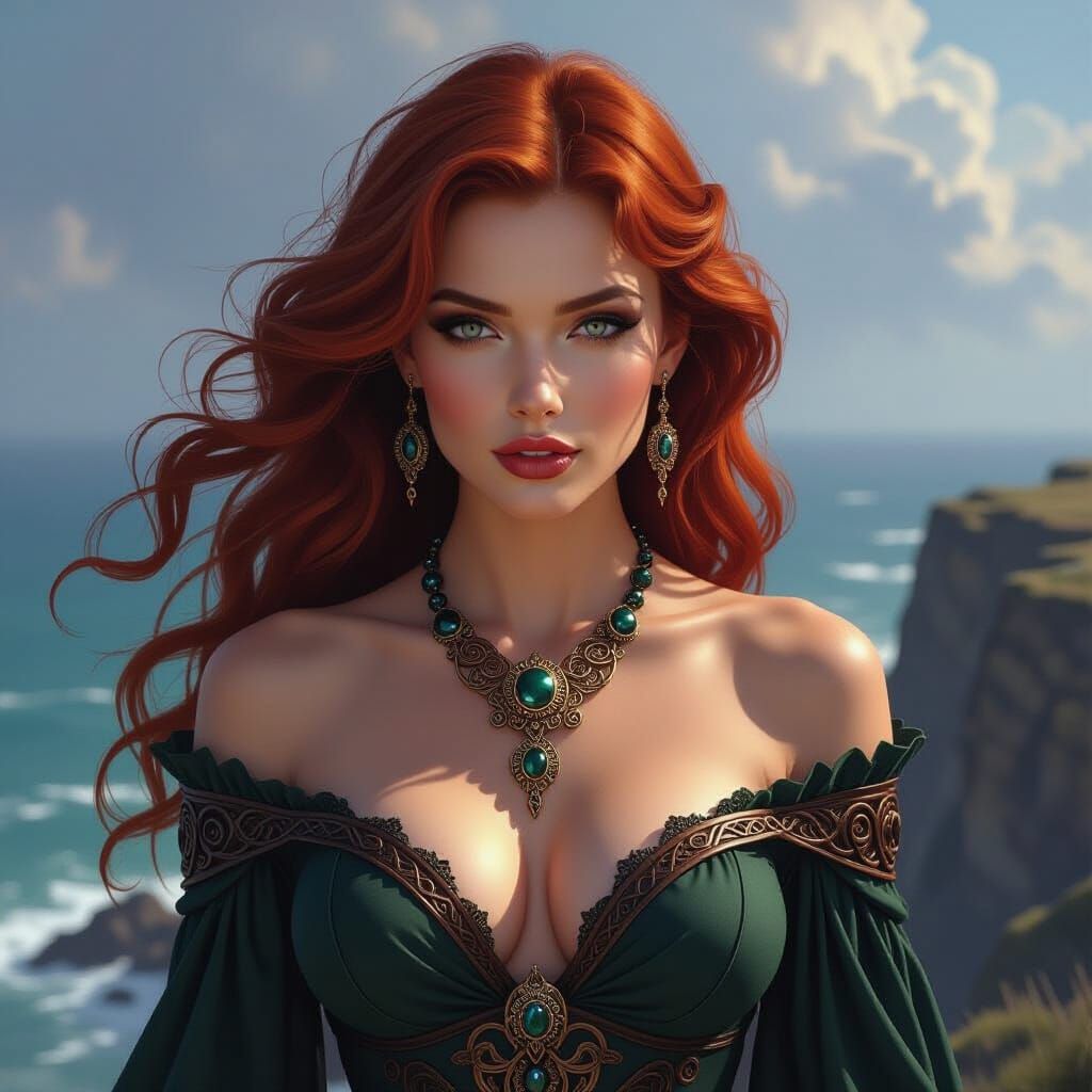 A woman with fiery red hair, adorned in intricate Celtic kno...