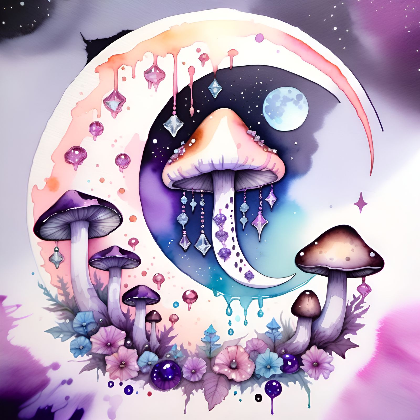 Pastel Goth Crescent Moon with Crystals in Watercolor