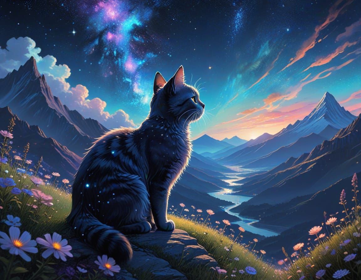 Ethereal Cat Gazes at Galaxy Sky Over Bioluminescent Mountai...