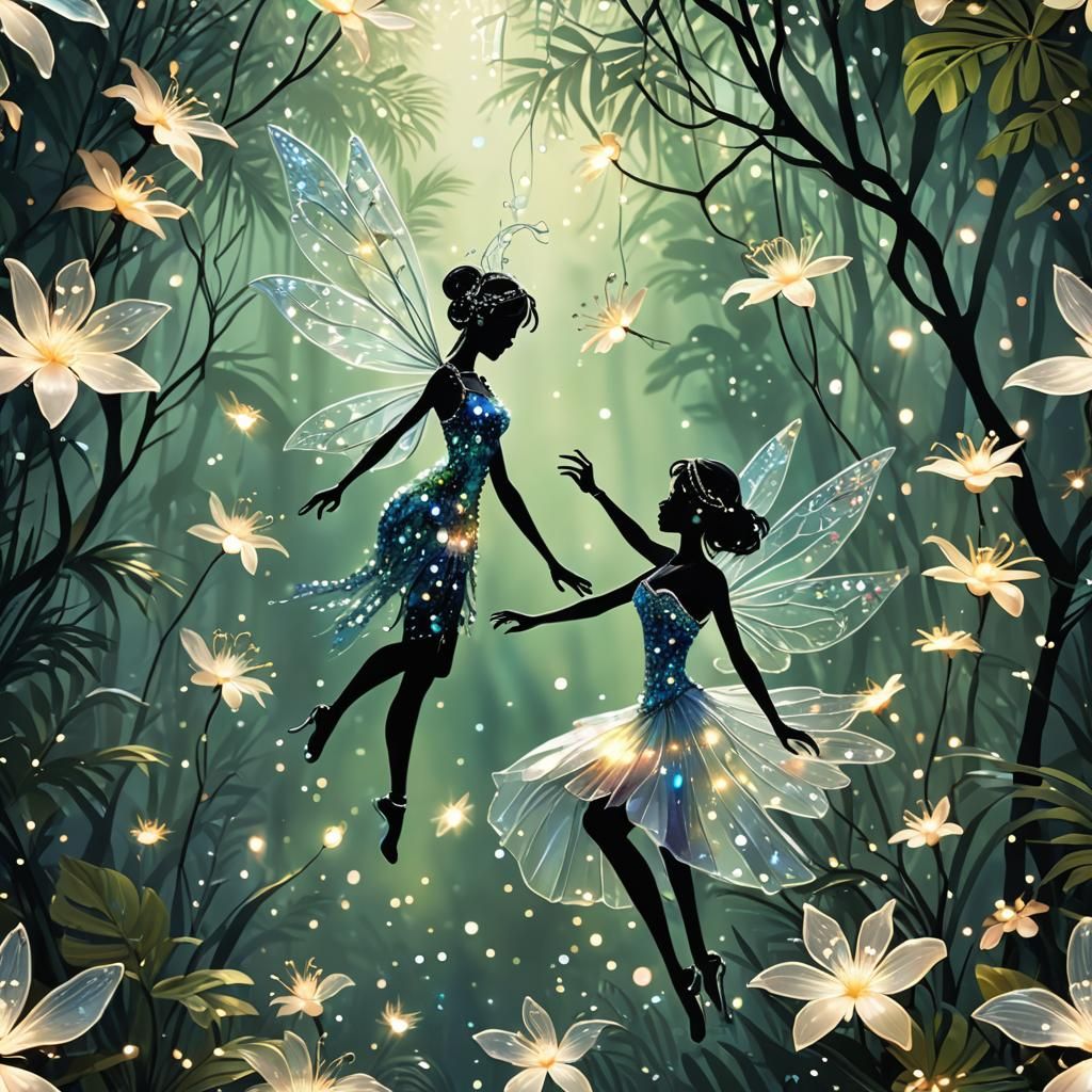 Graceful Crystal Fairy Silhouette in Tropical Forest