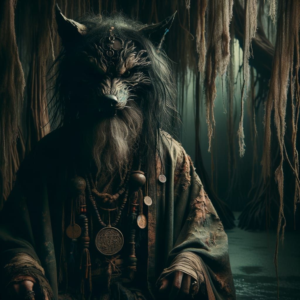Wolf Shaman in Dark Swamp: a Dark Realism Piece